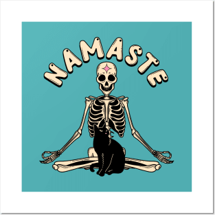 Yoga Namaste Black Cat in blue Posters and Art